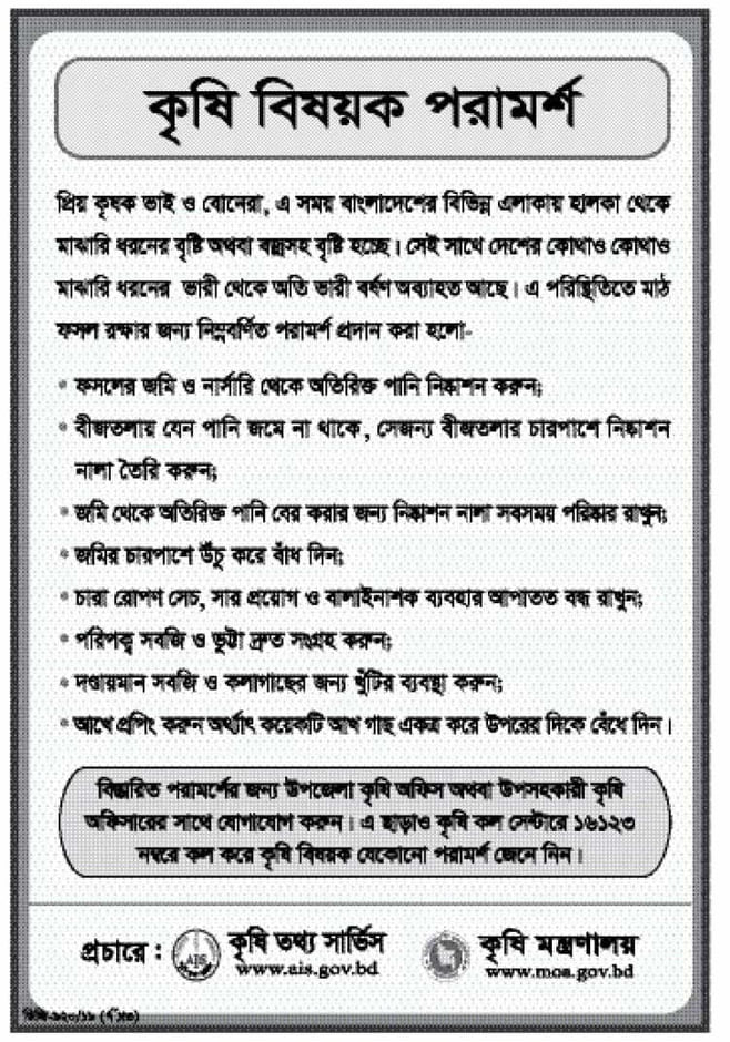 অতিবৃষ্টি ও বন্যায় ফসলহানীরোধে করণীয়